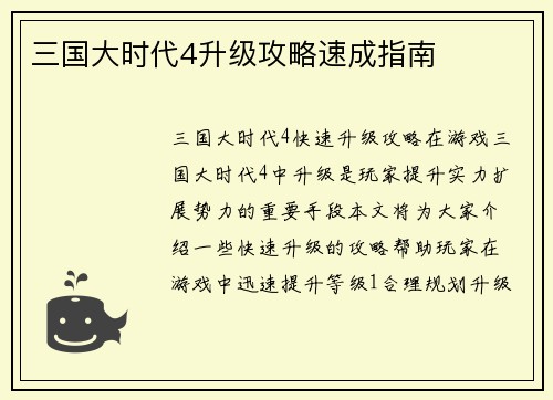 三国大时代4升级攻略速成指南